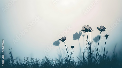 Serene image of cosmos flowers silhouetted against a soft, light background.  Their shadows cast a gentle, poetic mood.