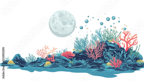 A digital illustration depicting an underwater coral reef scene at night. The illustration features various types of coral in shades of blue, pink, and green, situated on dark blue rocks. Small