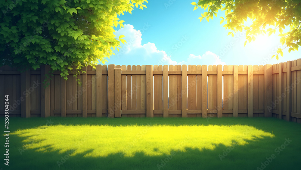 Fototapeta premium Peaceful backyard view with a wooden fence, lush green grass, and bright sky