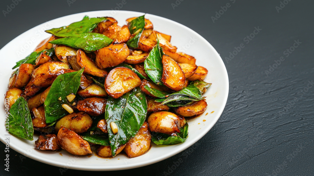 Stir fried cassava leaves with garlic and soy sauce on white plate Stir fried cassava leaves with garlic and soy sauce on white plate