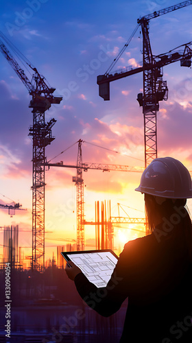Construction project management urban landscape digital tools sunset environment professional viewpoint