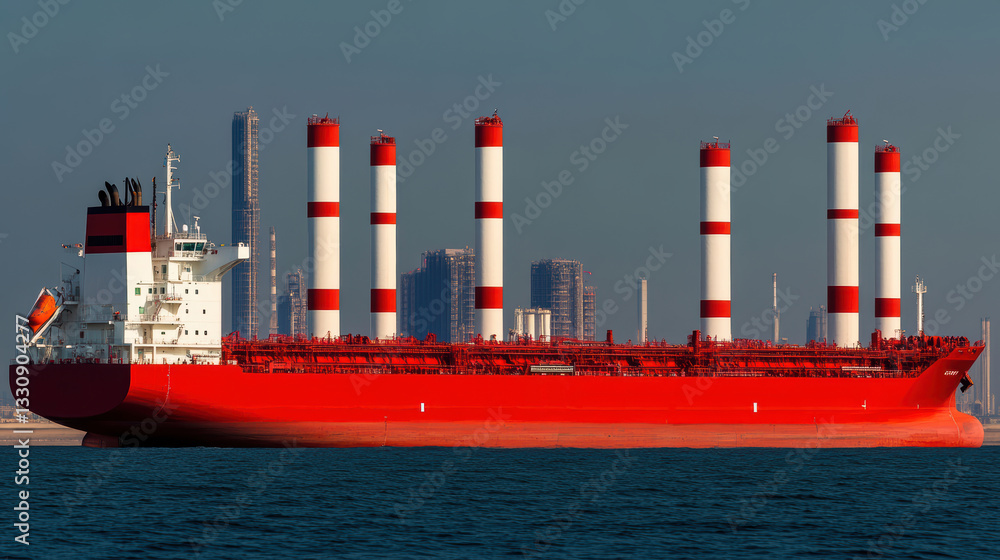 Obraz premium Red cargo ship at industrial port.