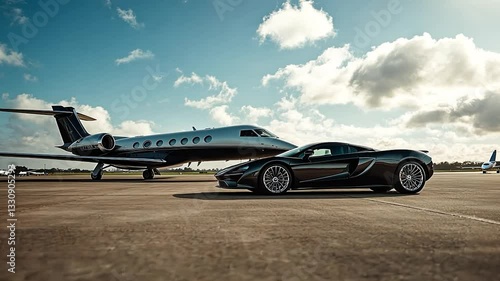 Super cars and private jets on the landing pad. Business services Airport