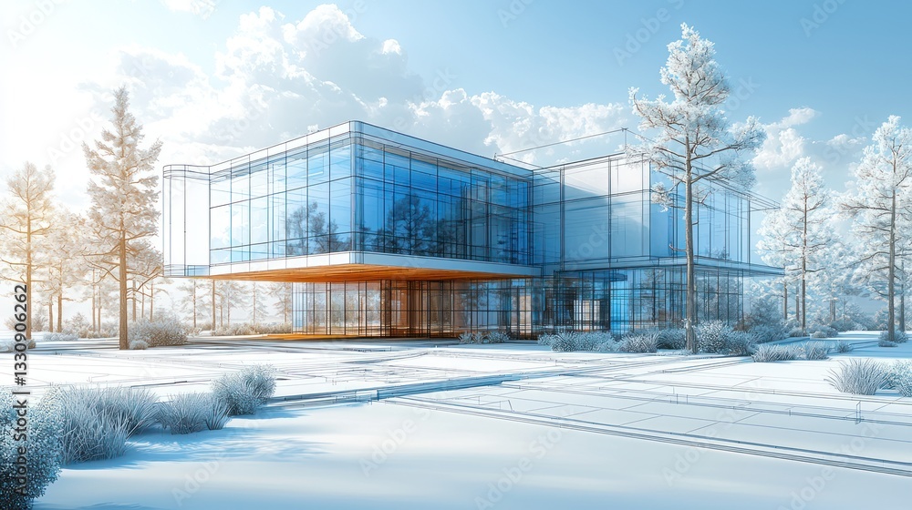 Modern glass office building in snowy landscape. Modern glass office building in snowy landscape.