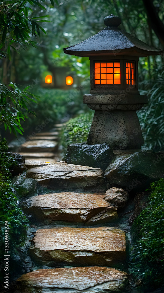 Stone Lantern Illuminates a Serene Pathway through Lush Gardens Stone Lantern Illuminates a Serene Pathway through Lush Gardens