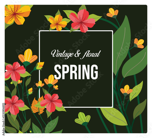 Spring design featuring colorful flowers and green leaves.
