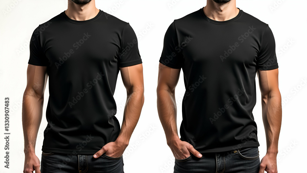 Two Men Wearing a Black T-shirt Mockup with Hands in Pockets on a White Background Two Men Wearing a Black T-shirt Mockup with Hands in Pockets on a White Background