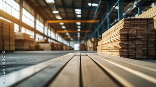 Wallpaper Mural Industrial lumber warehouse with stacked wooden planks and sunlight Torontodigital.ca
