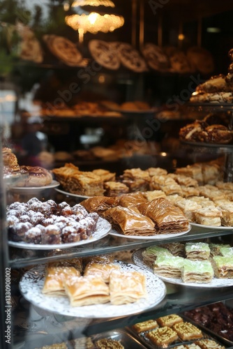A bakery decorates its window with traditional Ramadan sweets. Plates of baklava and date-filled pastries invite customers inside.