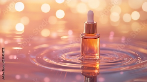 Serene beauty concept featuring skincare serum bottle on water with bokeh background