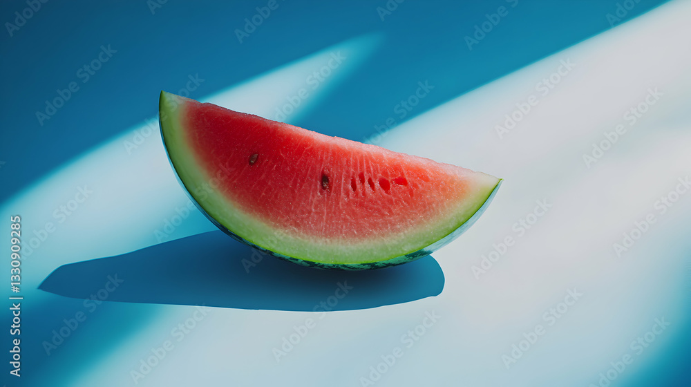Watermelon Slice Under Bright Light with Blue Background and Shadows Watermelon Slice Under Bright Light with Blue Background and Shadows