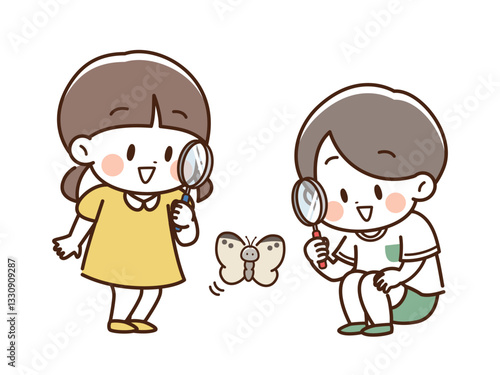 虫眼鏡_蝶を見るこども