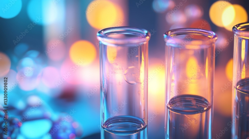 Abstract scientific research concept with test tubes and vibrant bokeh background for laboratory design Abstract scientific research concept with test tubes and vibrant bokeh background for laboratory design