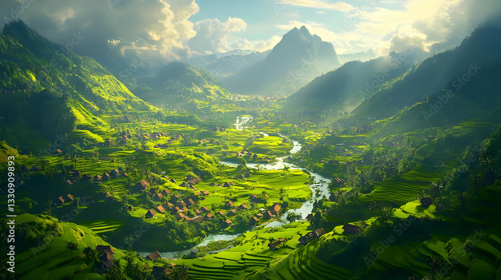 Extensive Green Valley Aerial View with Rolling Hills and River under Sunny Sky Extensive Green Valley Aerial View with Rolling Hills and River under Sunny Sky
