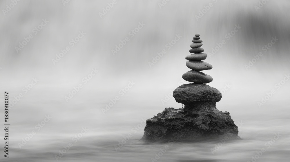 Obraz premium Zen and serenity in nature with balanced stone stack by waterfall