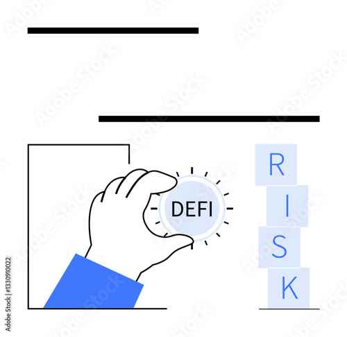 Hand grips coin labeled DeFi near stacked blocks spelling RISK in a minimal design. Ideal for financial technology, investment, risk management, blockchain, decentralized finance, fintech analysis