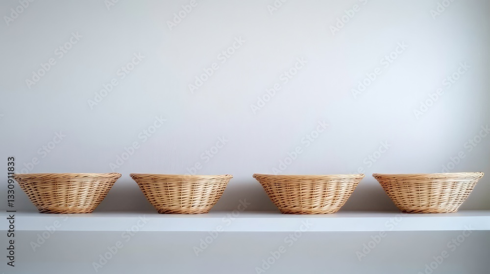 A set of woven wicker baskets on a shelf with a soft, light backdrop and ample space to add text or graphics. A set of woven wicker baskets on a shelf with a soft, light backdrop and ample space to add text or graphics.