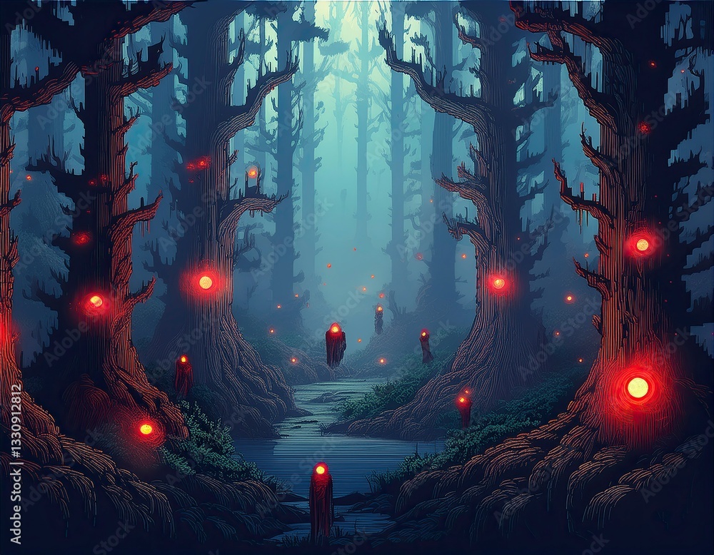 Obraz premium Enchanted forest path illuminated by glowing orbs and ethereal figures