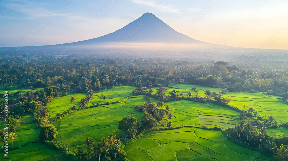 Obraz premium Green Fields and Towering Mountain Peaks Under a Bright Sky From an Aerial Perspective Showing Rural Scenery