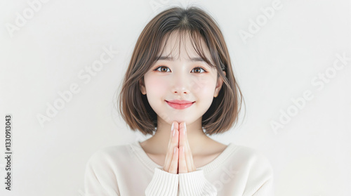 白背景に可愛く手を合わせる笑顔の若いアジア人女性