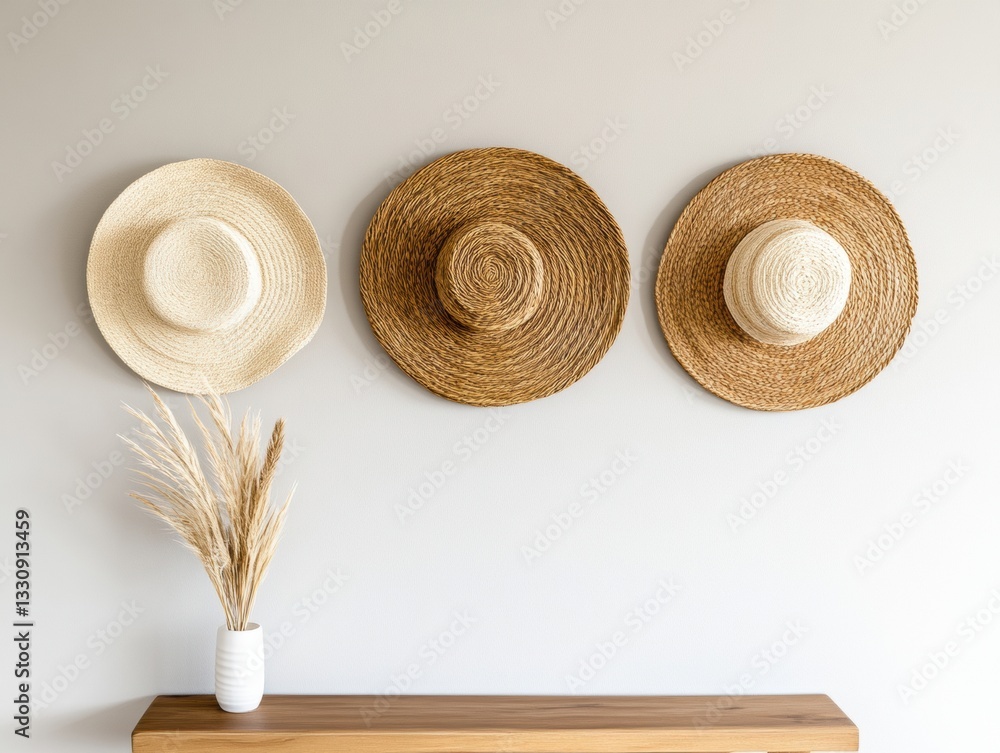 Minimalist Coastal Decor Woven Straw Sun Hats and Pampas Grass - Scandinavian Inspired Home Styling for Serene Contemporary Living Spaces Minimalist Coastal Decor Woven Straw Sun Hats and Pampas Grass - Scandinavian Inspired Home Styling for Serene Contemporary Living Spaces