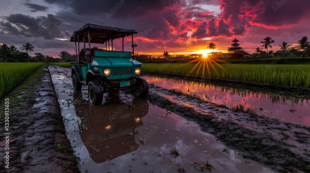 Fototapeta premium Green Vehicle Stands on Muddy Pathway Through Rice Field at Colorful Dramatic Sunset