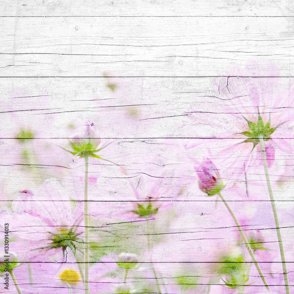 Naklejka premium Light wooden background with soft pink and green wildflowers in pastel tones. Rustic floral design ideal for wedding invitations, greeting cards, branding, social media, and spring templates.