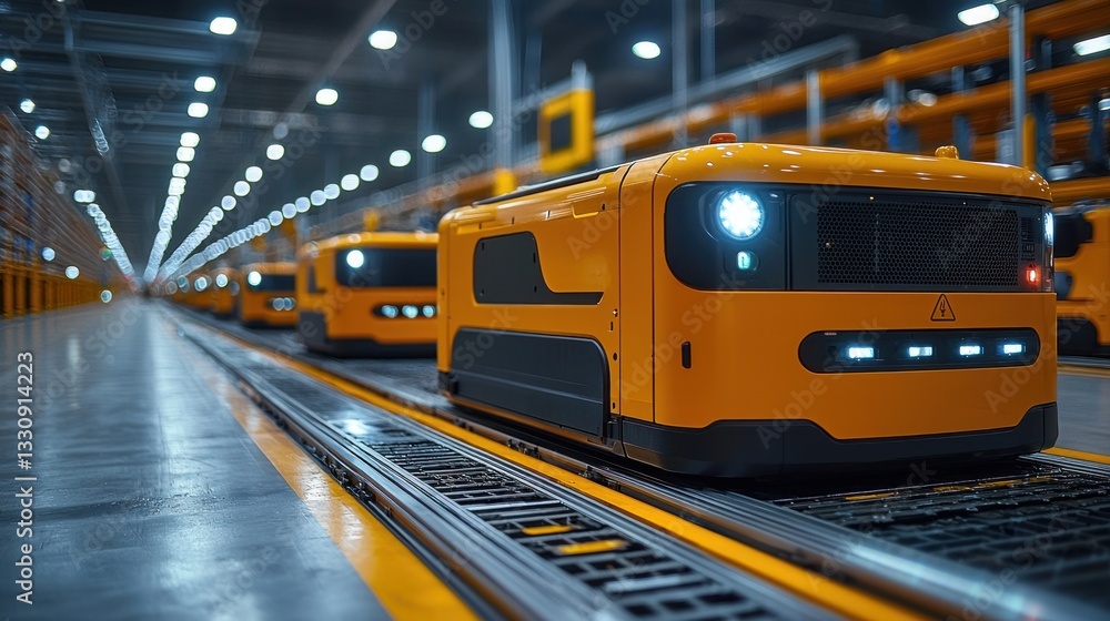 Automated guided vehicles in a warehouse. Automated guided vehicles in a warehouse.