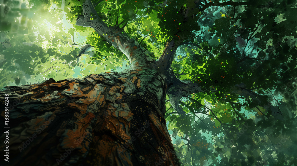 Fototapeta premium Towering ancient tree with lush green foliage viewed from below in a dense forest