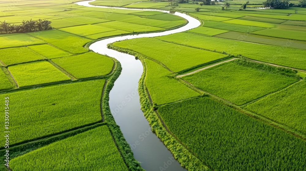 A lush, green landscape features a winding river surrounded by fields, showcasing the beauty of nature and agricultural land.