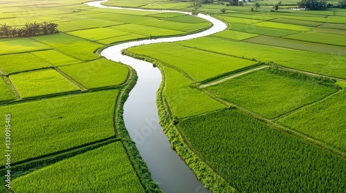 Obraz na płótnie A lush, green landscape features a winding river surrounded by fields, showcasing the beauty of nature and agricultural land. w salonie