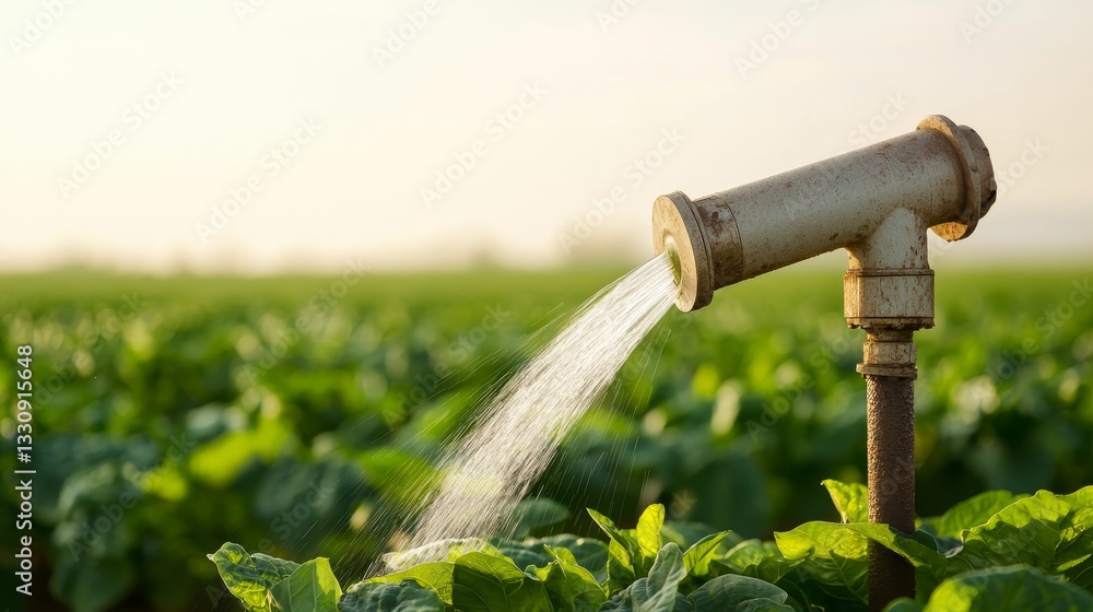 A water pipe irrigates lush green crops under a bright sky, showcasing the importance of effective farming techniques for healthy growth.