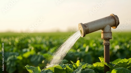 Obraz na płótnie A water pipe irrigates lush green crops under a bright sky, showcasing the importance of effective farming techniques for healthy growth. w salonie