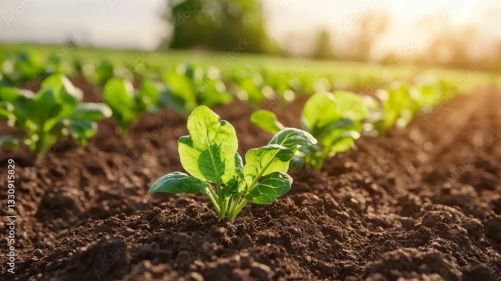 A close-up view of vibrant green seedlings emerging from rich soil, bathed in warm sunlight, showcasing growth and renewal in a cultivated field. A close-up view of vibrant green seedlings emerging from rich soil, bathed in warm sunlight, showcasing growth and renewal in a cultivated field.
