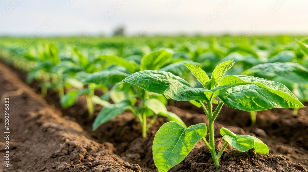 A lush field of young green plants thriving in rich soil under a clear sky, representing growth and agriculture.