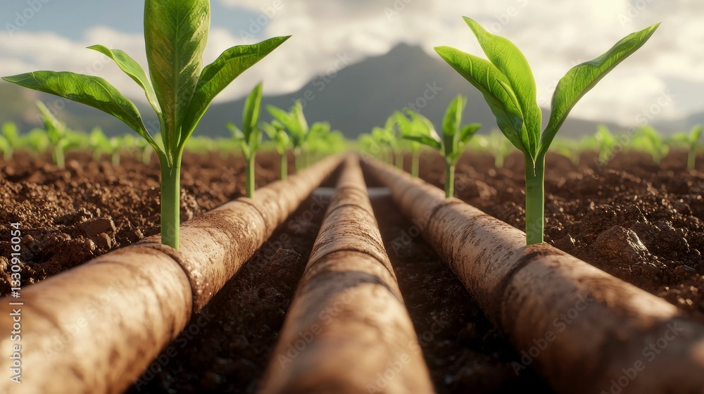 A close-up view of young plants growing in soil, with irrigation pipes running alongside, set against a mountainous landscape.