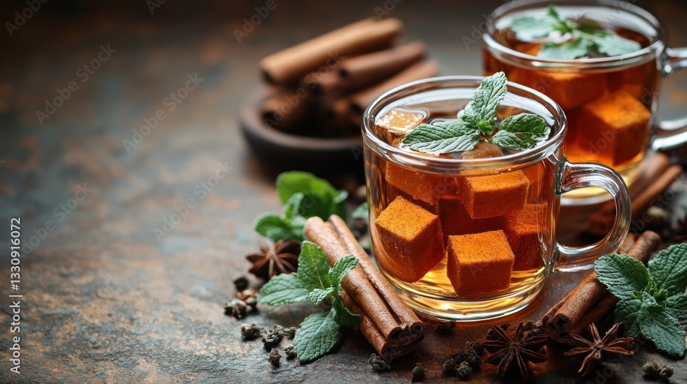 Iced tea with cinnamon, mint, and sugar cubes. Iced tea with cinnamon, mint, and sugar cubes.