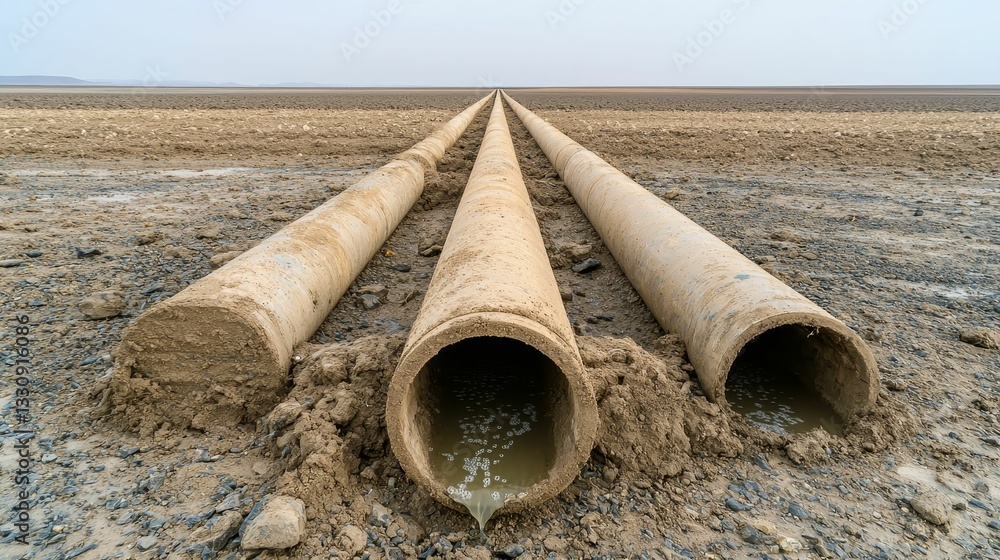 Three large, empty pipes lined up on a barren landscape, suggesting themes of decay, abandonment, and industrial intervention in nature.