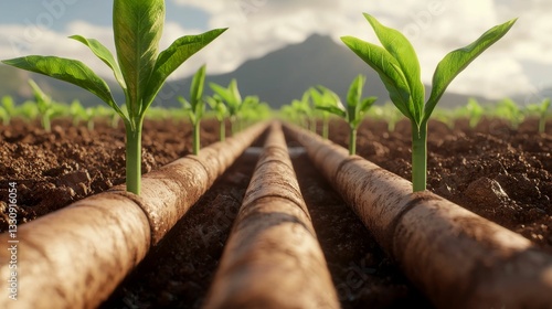 Obraz na płótnie A close-up view of young plants growing in soil, with irrigation pipes running alongside, set against a mountainous landscape. w salonie