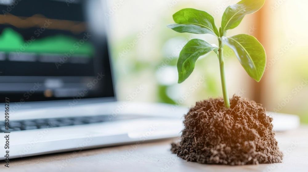 A small green plant grows from soil next to a laptop, symbolizing growth and sustainability in a digital environment.