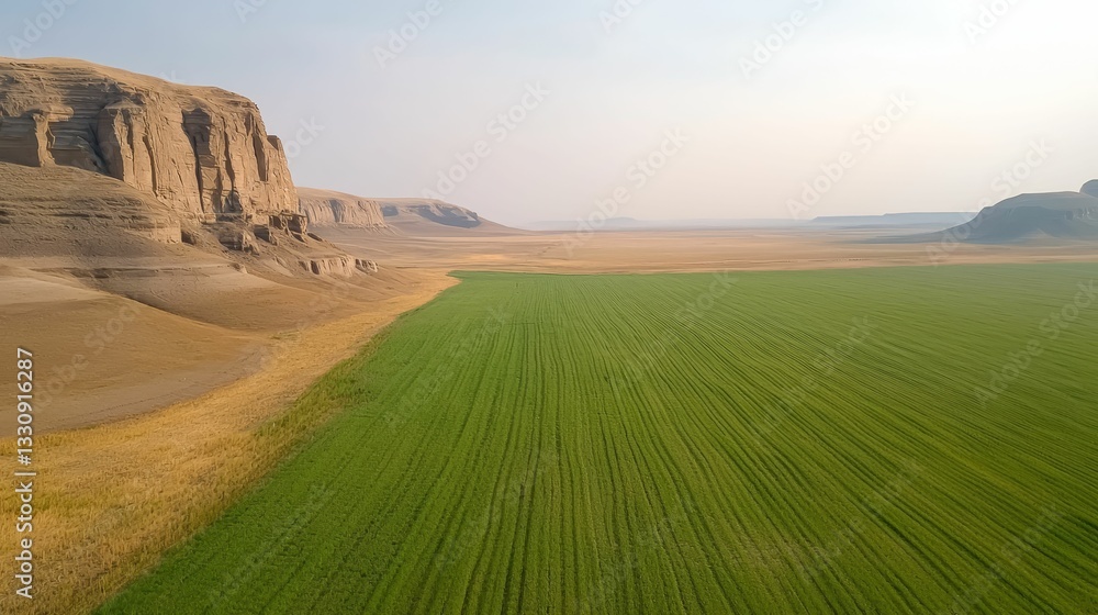 A vast green field stretches beneath rocky cliffs, creating a serene landscape with a blend of vegetation and arid terrain under a clear sky.