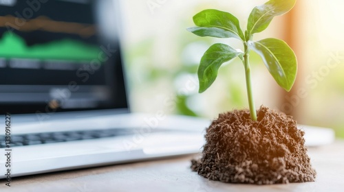 Obraz na płótnie A small green plant grows from soil next to a laptop, symbolizing growth and sustainability in a digital environment. w salonie