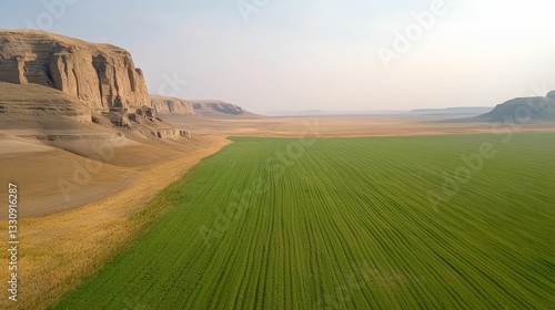 Obraz na płótnie A vast green field stretches beneath rocky cliffs, creating a serene landscape with a blend of vegetation and arid terrain under a clear sky. w salonie