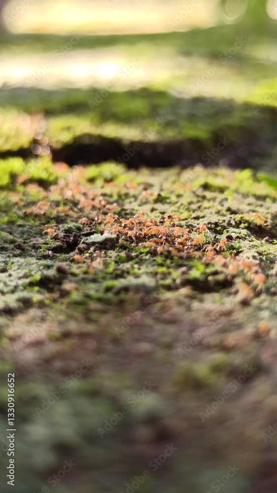 red ants walking on mossy paving