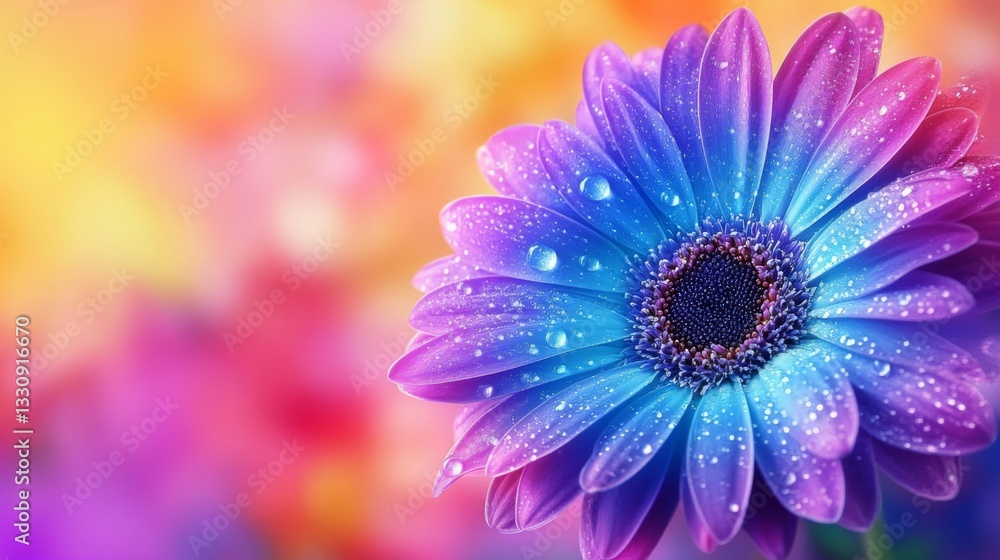 Obraz premium Vibrant floral display with colorful water droplets on petals for spring design inspiration