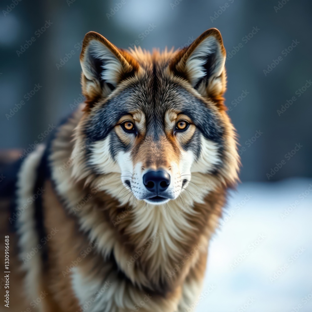 Lone timber wolf in snowy landscape, eyes intense, winter, woods Lone timber wolf in snowy landscape, eyes intense, winter, woods