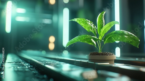 A vibrant green plant in a pot sits on a wet surface, illuminated by soft neon lights, creating a modern, serene ambiance.