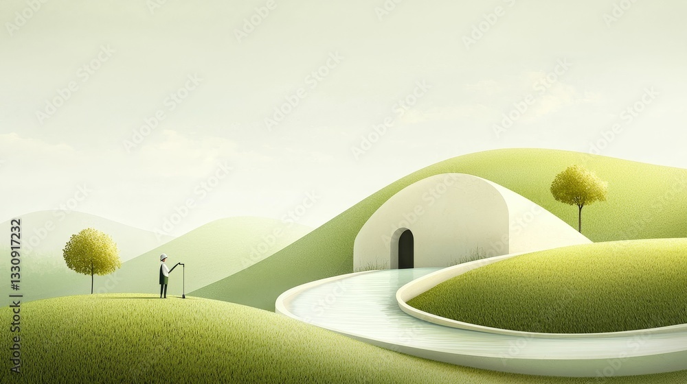A serene landscape featuring rolling green hills, a winding path, and a simple white structure, evoking tranquility and harmony with nature.