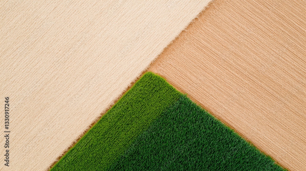 An aerial view of contrasting agricultural fields, showcasing vibrant green grass intersecting with lighter soil tones.