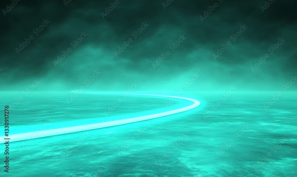 Fototapeta premium Mysterious glowing pathway cutting through a dark, misty landscape.